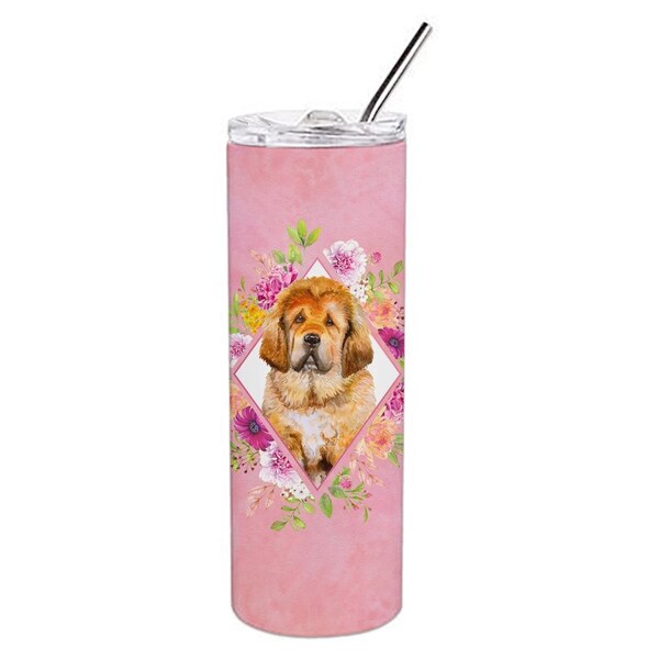 Carolines Treasures 20 oz Tibetian Mastiff Puppy Pink Flowers Double Walled Stainless Steel Skinny Tumbler - CK4189TBL20