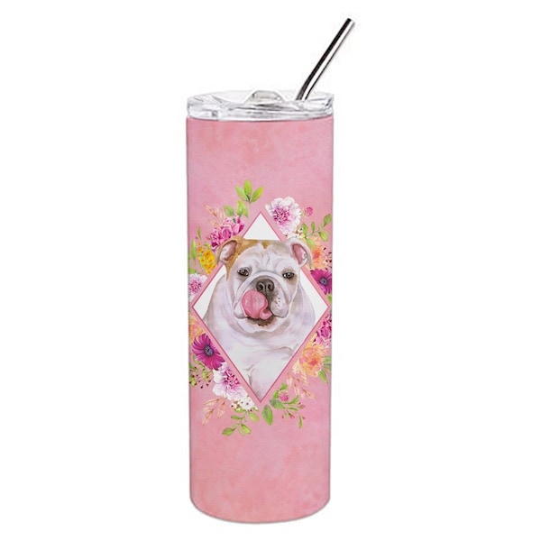 Carolines Treasures 20 oz English Bulldog Pink Flowers Double Walled Stainless Steel Skinny Tumbler - CK4140TBL20