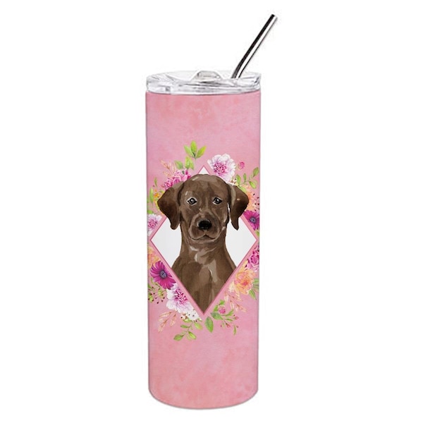 Carolines Treasures 20 oz Chocolate Labrador Pink Flowers Double Walled Stainless Steel Skinny Tumbler - CK4251TBL20