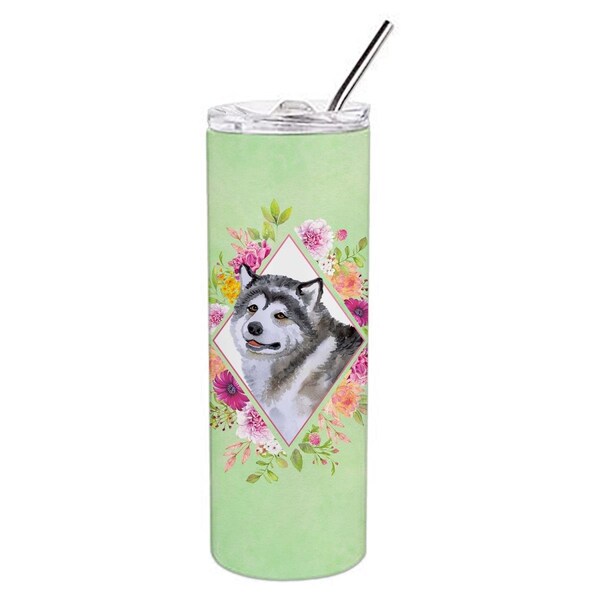 Carolines Treasures 20 oz Alaskan Malamute Green Flowers Double Walled Stainless Steel Skinny Tumbler - CK4272TBL20