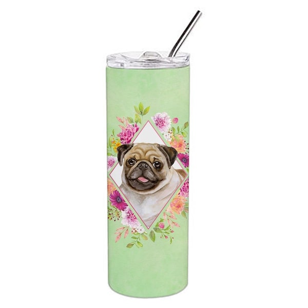 Carolines Treasures 20 oz Fawn Pug Green Flowers Double Walled Stainless Steel Skinny Tumbler - CK4334TBL20
