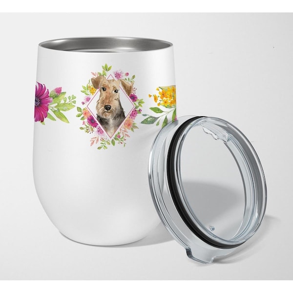 Carolines Treasures 12 oz Airedale Terrier Pink Flowers Stainless Steel Stemless Wine Glass - CK4204TBL12