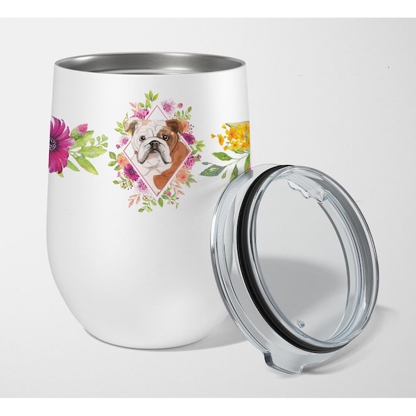 Carolines Treasures 12 oz English Bulldog Pink Flowers Stainless Steel Stemless Wine Glass - CK4240TBL12