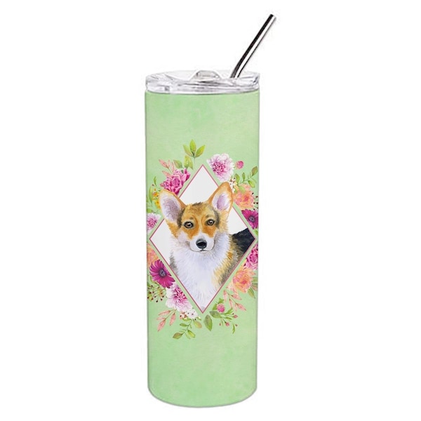 Carolines Treasures 20 oz Corgi Green Flowers Double Walled Stainless Steel Skinny Tumbler - CK4327TBL20