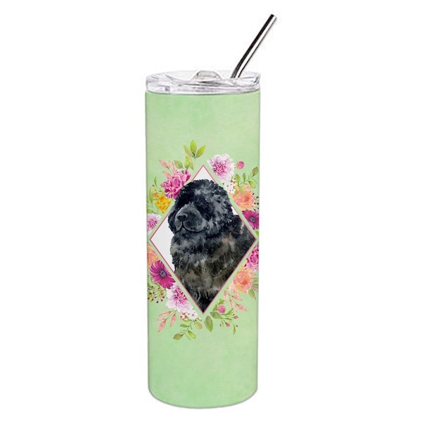 Carolines Treasures 20 oz Newfoundland Green Flowers Double Walled Stainless Steel Skinny Tumbler - CK4323TBL20