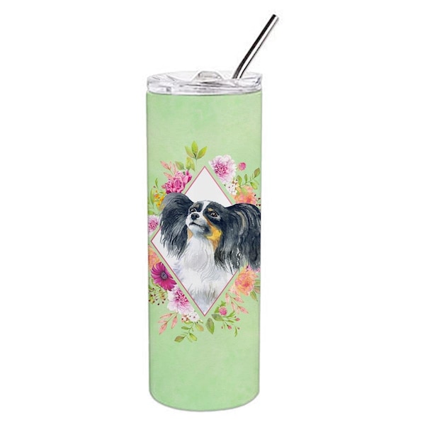 Carolines Treasures 20 oz Papillon Green Flowers Double Walled Stainless Steel Skinny Tumbler - CK4325TBL20