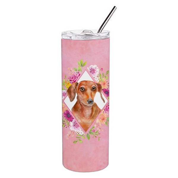 Carolines Treasures 20 oz Dachshund Red No.2 Pink Flowers Double Walled Stainless Steel Skinny Tumbler - CK4135TBL20