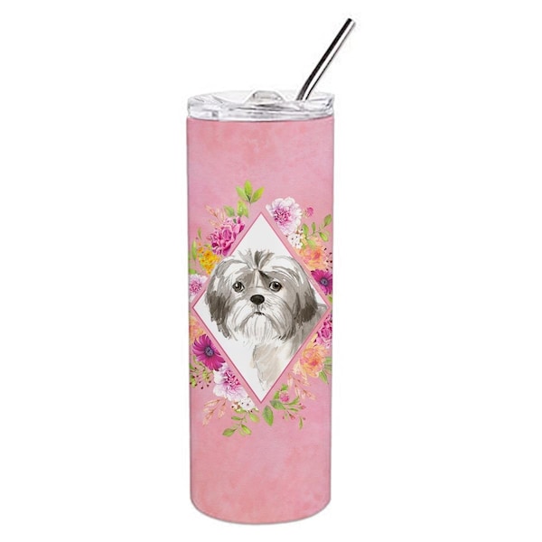 Carolines Treasures 20 oz Shih Tzu Puppy Pink Flowers Double Walled Stainless Steel Skinny Tumbler - CK4211TBL20