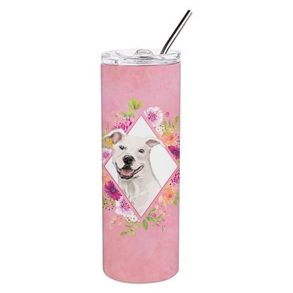 Carolines Treasures 20 oz White Pit Bull Terrier Pink Flowers Double Walled Stainless Steel Skinny Tumbler - CK4268TBL20
