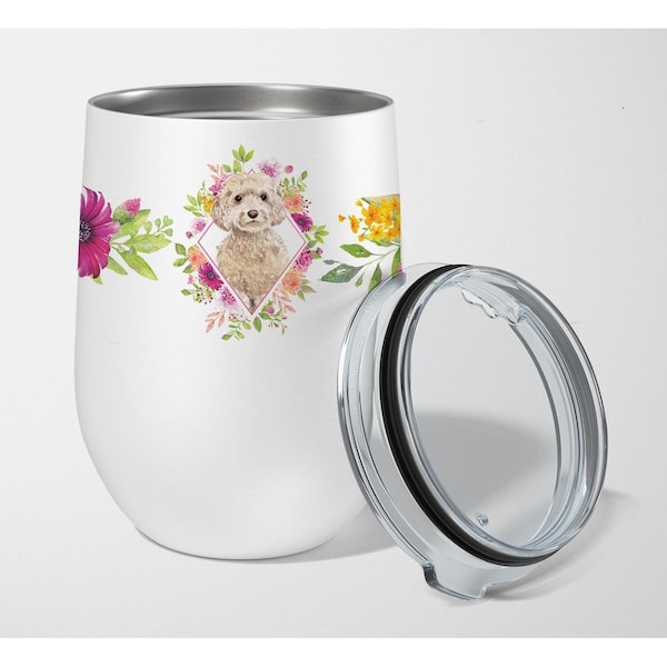 Carolines Treasures 12 oz Champagne Cockapoo Pink Flowers Stainless Steel Stemless Wine Glass - CK4246TBL12