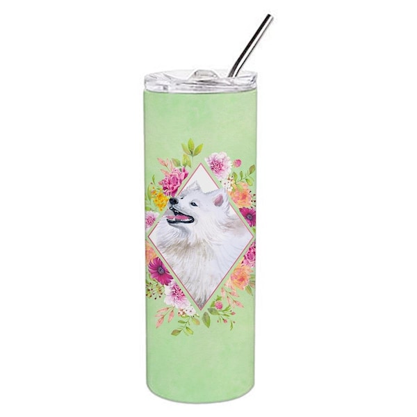 Carolines Treasures 20 oz Samoyed Green Flowers Double Walled Stainless Steel Skinny Tumbler - CK4337TBL20