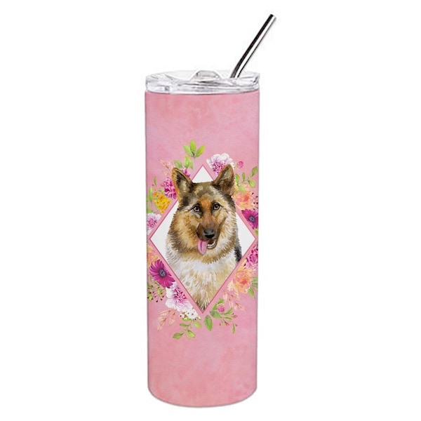 Carolines Treasures 20 oz German Shepherd No.1 Pink Flowers Double Walled Stainless Steel Skinny Tumbler - CK4146TBL20