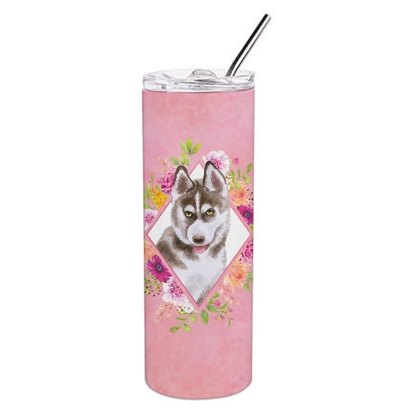 Carolines Treasures 20 oz Siberian Husky No.2 Pink Flowers Double Walled Stainless Steel Skinny Tumbler - CK4152TBL20