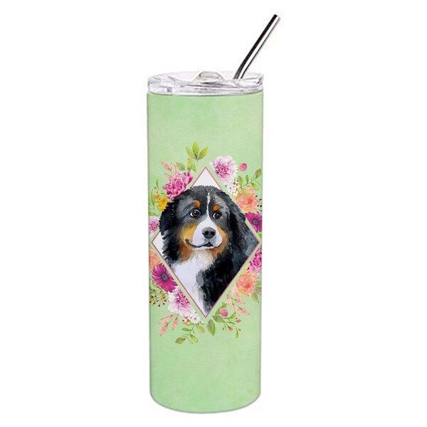 Carolines Treasures 20 oz Bernese Mountain Dog Green Flowers Double Walled Stainless Steel Skinny Tumbler - CK4278TBL20