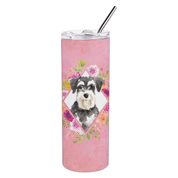 Carolines Treasures 20 oz Schnauzer No.2 Pink Flowers Double Walled Stainless Steel Skinny Tumbler - CK4222TBL20