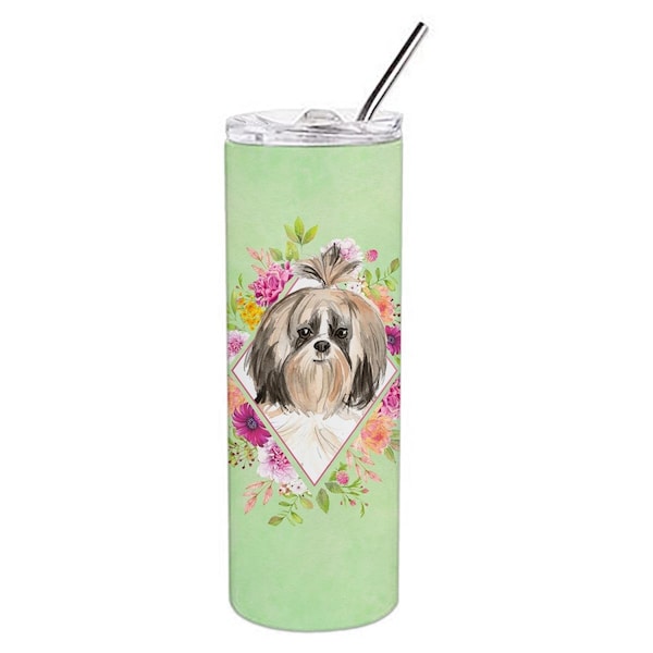 Carolines Treasures 20 oz Shih Tzu Green Flowers Double Walled Stainless Steel Skinny Tumbler - CK4372TBL20