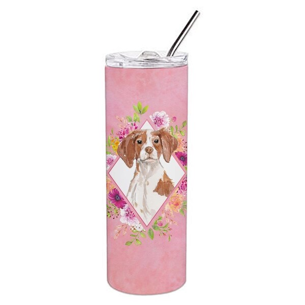 Carolines Treasures 20 oz Brittany Spaniel Pink Flowers Double Walled Stainless Steel Skinny Tumbler - CK4254TBL20