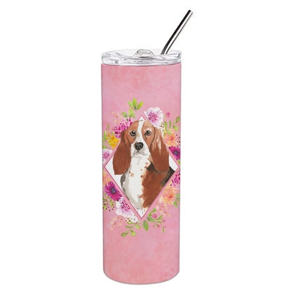 Carolines Treasures 20 oz Basset Hound Pink Flowers Double Walled Stainless Steel Skinny Tumbler - CK4266TBL20
