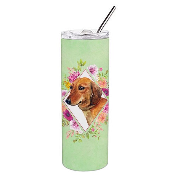 Carolines Treasures 20 oz Dachshund Red No.1 Green Flowers Double Walled Stainless Steel Skinny Tumbler - CK4294TBL20