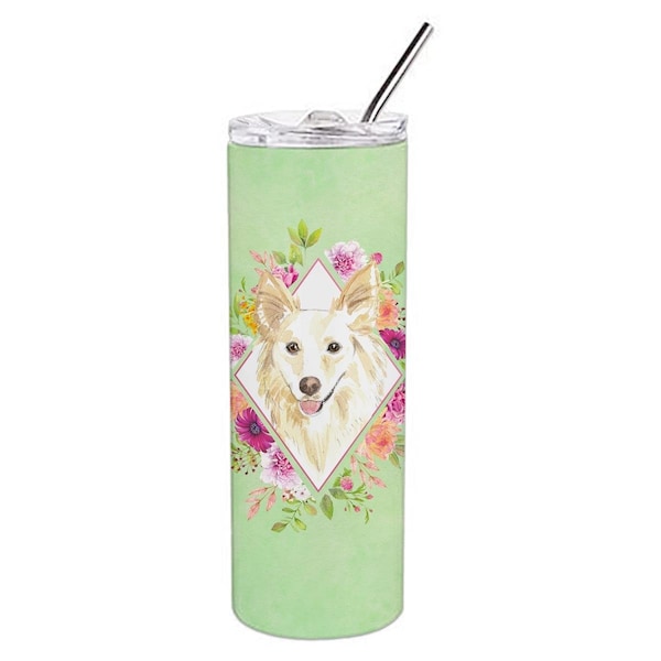 Carolines Treasures 20 oz White Collie Green Flowers Double Walled Stainless Steel Skinny Tumbler - CK4361TBL20