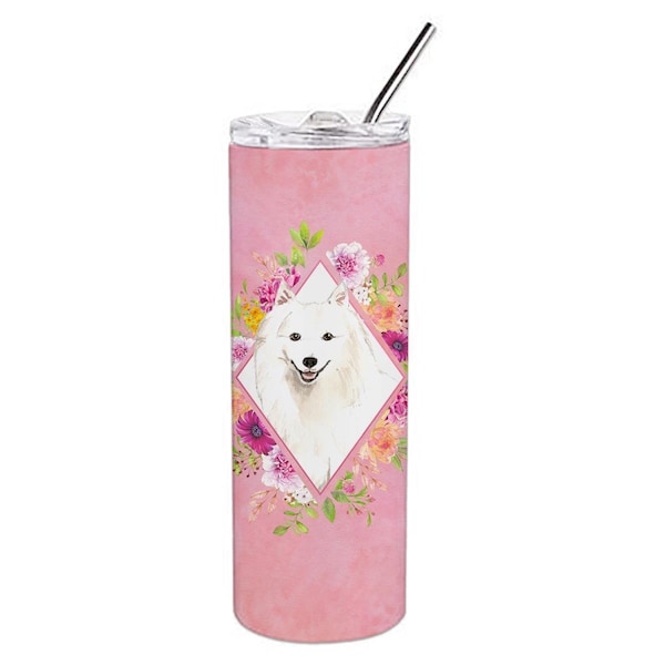 Carolines Treasures 20 oz Japanese Spitz Pink Flowers Double Walled Stainless Steel Skinny Tumbler - CK4229TBL20