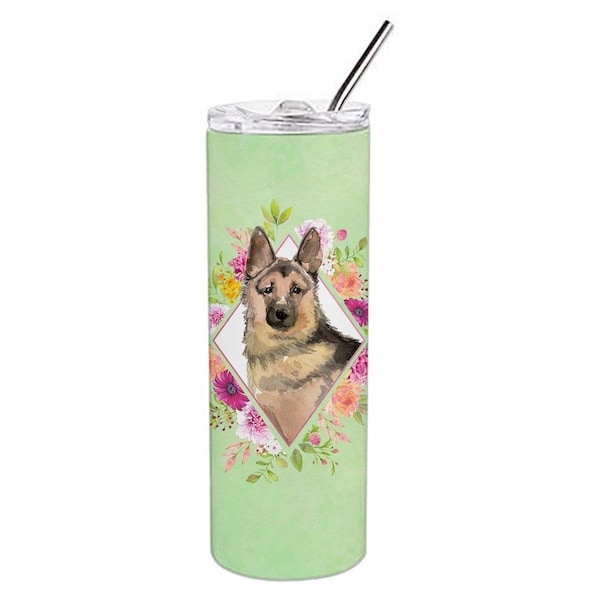 Carolines Treasures 20 oz German Shepherd Green Flowers Double Walled Stainless Steel Skinny Tumbler - CK4397TBL20