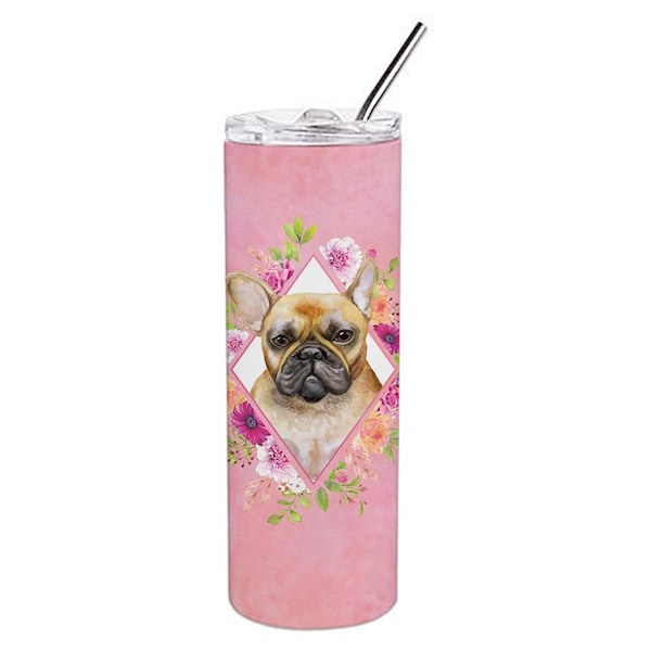 Carolines Treasures 20 oz Fawn French Bulldog Pink Flowers Double Walled Stainless Steel Skinny Tumbler - CK4144TBL20