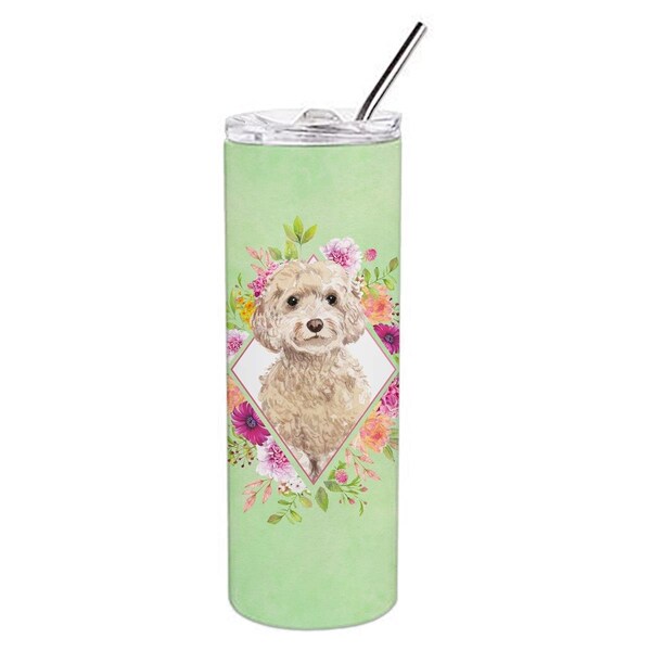 Carolines Treasures 20 oz Champagne Cockapoo Green Flowers Double Walled Stainless Steel Skinny Tumbler - CK4406TBL20