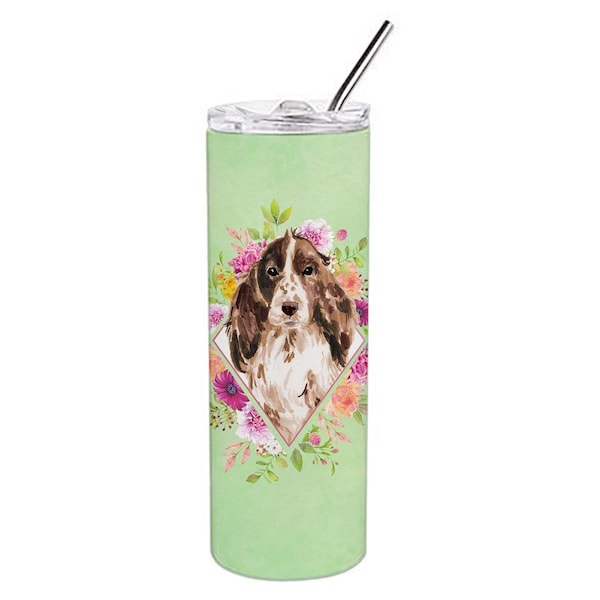 Carolines Treasures 20 oz Brown Parti Cocker Spaniel Green Flowers Double Walled Stainless Steel Skinny Tumbler - CK4412TBL20