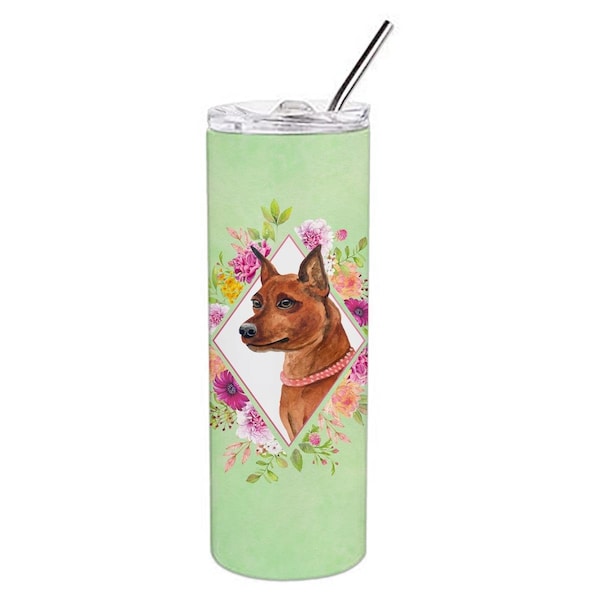 Carolines Treasures 20 oz Miniature Pinscher Green Flowers Double Walled Stainless Steel Skinny Tumbler - CK4321TBL20