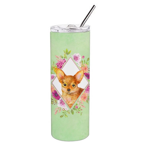 Carolines Treasures 20 oz Toy Terrier Green Flowers Double Walled Stainless Steel Skinny Tumbler - CK4350TBL20