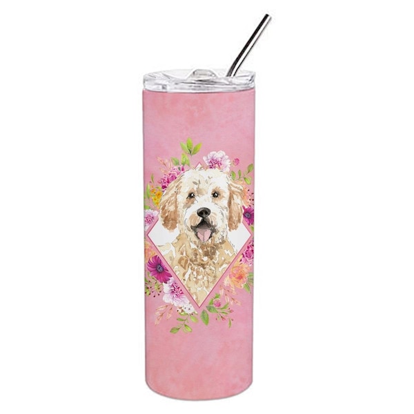 Carolines Treasures 20 oz Goldendoodle Pink Flowers Double Walled Stainless Steel Skinny Tumbler - CK4236TBL20