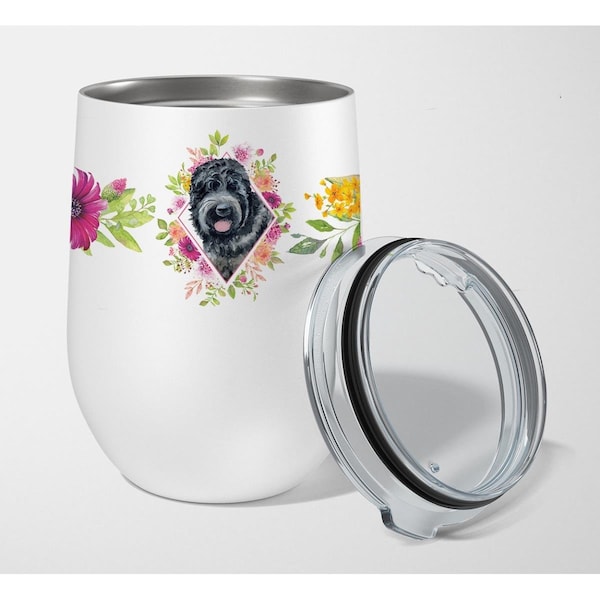 Carolines Treasures 12 oz Russian Black Terrier Pink Flowers Stainless Steel Stemless Wine Glass - CK4176TBL12