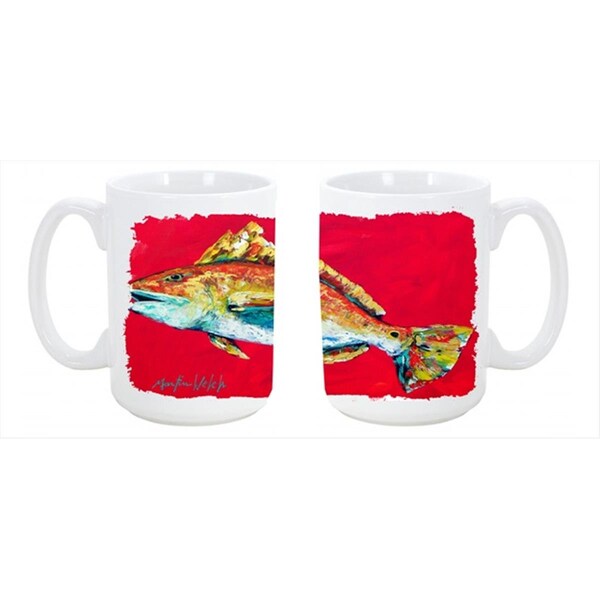 Carolines Treasures Fish - Red Fish Woo Hoo Dishwasher Safe Microwavable Ceramic Coffee Mug 15 oz. - MW1103CM15