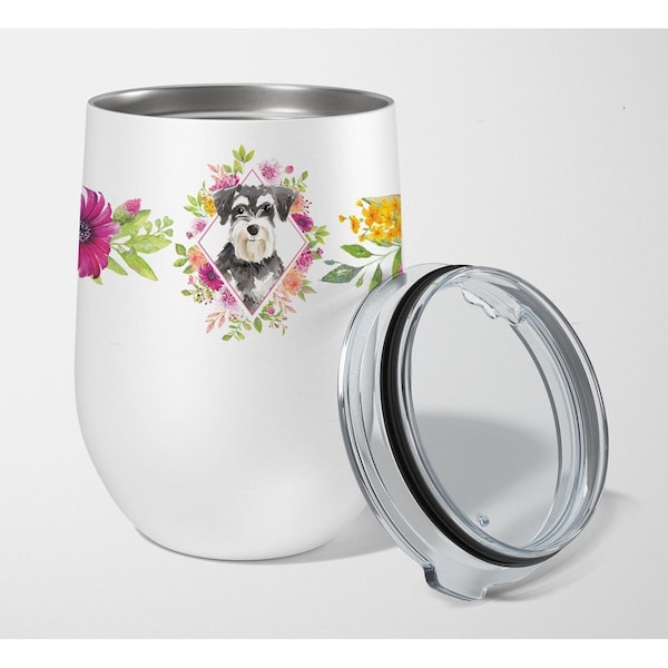 Carolines Treasures 12 oz Schnauzer No.2 Pink Flowers Stainless Steel Stemless Wine Glass - CK4222TBL12