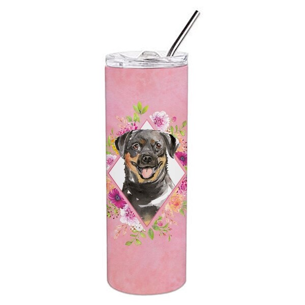 Carolines Treasures 20 oz Rottweiler Pink Flowers Double Walled Stainless Steel Skinny Tumbler - CK4217TBL20
