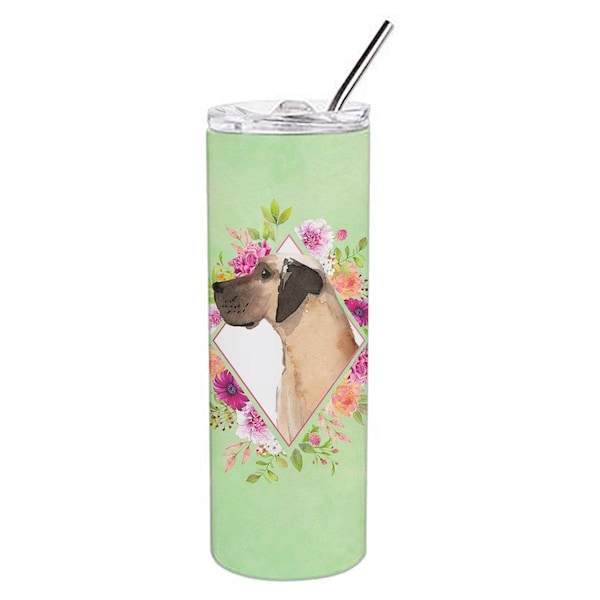 Carolines Treasures 20 oz Fawn Great Dane Green Flowers Double Walled Stainless Steel Skinny Tumbler - CK4394TBL20