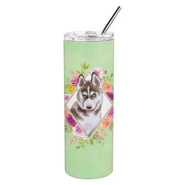 Carolines Treasures 20 oz Siberian Husky No.2 Green Flowers Double Walled Stainless Steel Skinny Tumbler - CK4312TBL20