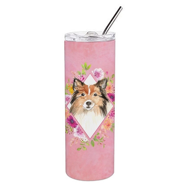 Carolines Treasures 20 oz Sheltie Pink Flowers Double Walled Stainless Steel Skinny Tumbler - CK4213TBL20