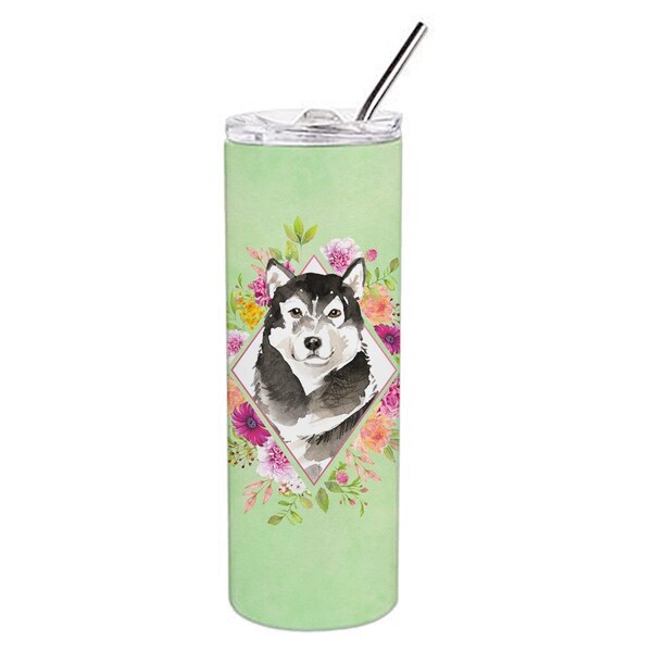Carolines Treasures 20 oz Alaskan Malamute Green Flowers Double Walled Stainless Steel Skinny Tumbler - CK4384TBL20
