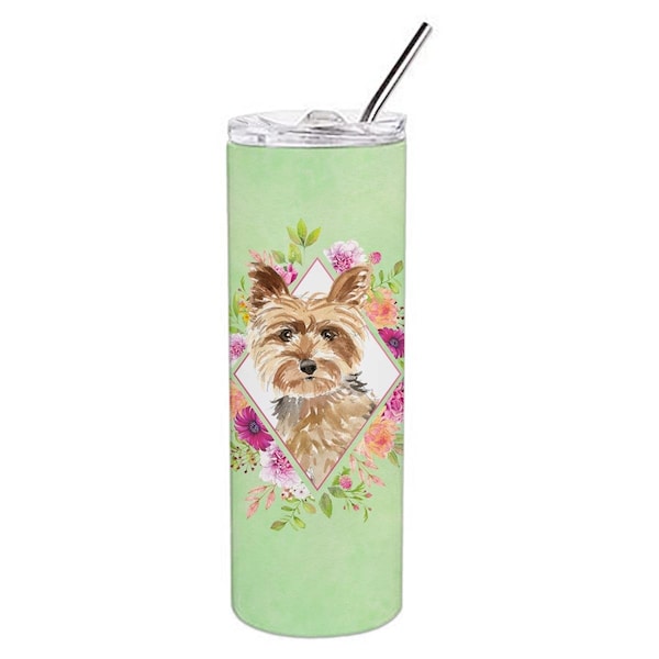 Carolines Treasures 20 oz Yorkie Green Flowers Double Walled Stainless Steel Skinny Tumbler - CK4357TBL20