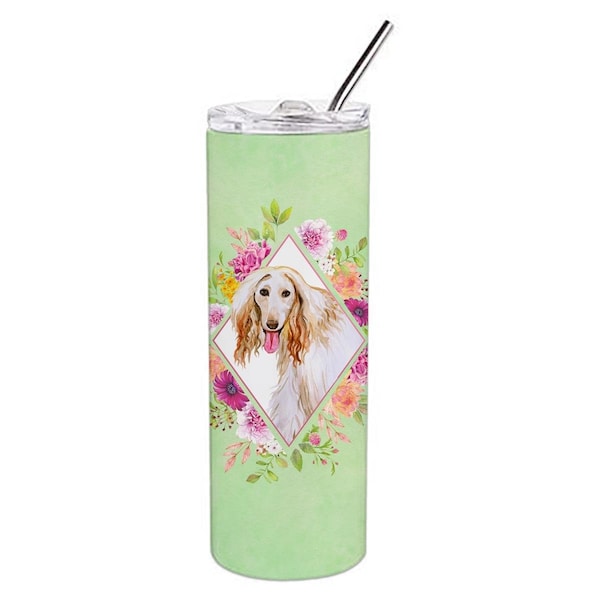 Carolines Treasures 20 oz Afghan Hound Green Flowers Double Walled Stainless Steel Skinny Tumbler - CK4270TBL20