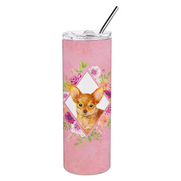 Carolines Treasures 20 oz Toy Terrier Pink Flowers Double Walled Stainless Steel Skinny Tumbler - CK4190TBL20