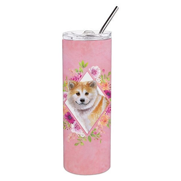 Carolines Treasures 20 oz Shiba Inu Pink Flowers Double Walled Stainless Steel Skinny Tumbler - CK4183TBL20