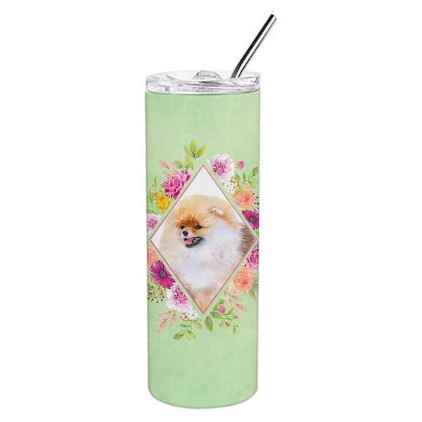 Carolines Treasures 20 oz Pomeranian No.2 Green Flowers Double Walled Stainless Steel Skinny Tumbler - CK4330TBL20