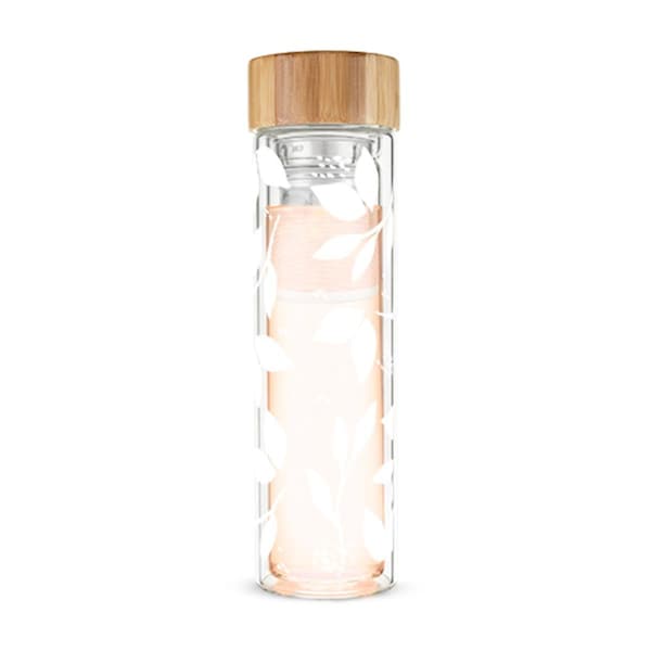 Pinky Up 16 oz Blair White Leaf Pattern Glass Travel Infuser Mug - 5866