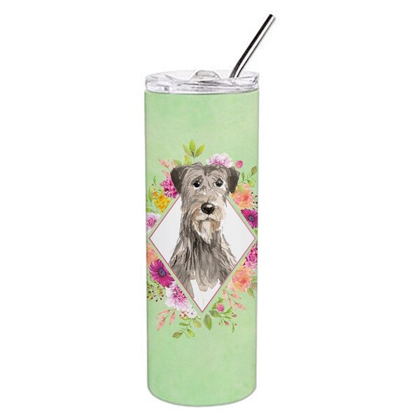 Carolines Treasures 20 oz Irish Wolfhound Green Flowers Double Walled Stainless Steel Skinny Tumbler - CK4391TBL20