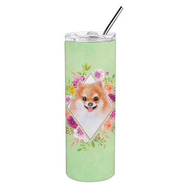 Carolines Treasures 20 oz Pomeranian No.1 Green Flowers Double Walled Stainless Steel Skinny Tumbler - CK4329TBL20