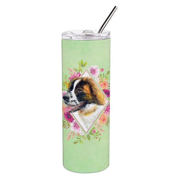 Carolines Treasures 20 oz Saint Bernard No.2 Green Flowers Double Walled Stainless Steel Skinny Tumbler - CK4347TBL20