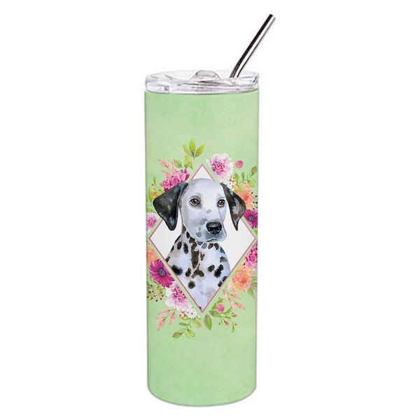 Carolines Treasures 20 oz Dalmatian Puppy Green Flowers Double Walled Stainless Steel Skinny Tumbler - CK4296TBL20